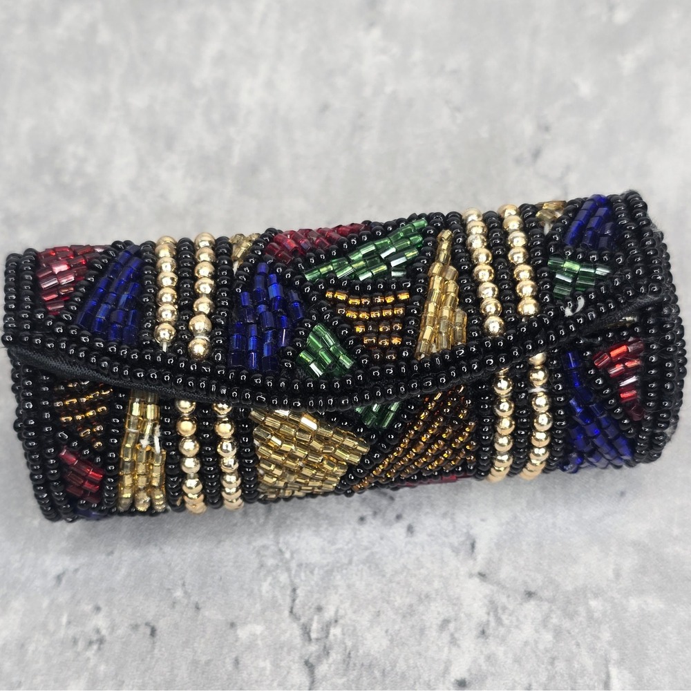 Vintage 80s Beaded Lipstick Case Mirror Geometric Mosaic Black Gold Multi Color